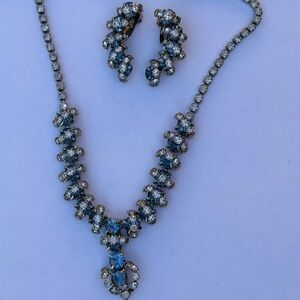 Vintage Blue Crystal Necklace & Earrings Set - Unbranded
